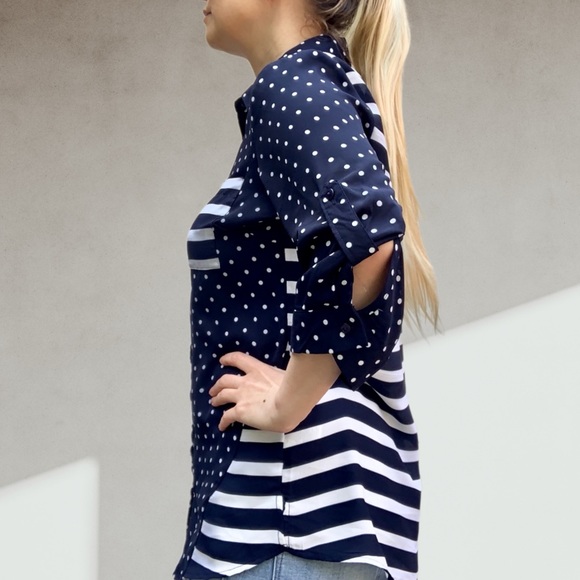 Navy blue polka dot & pinstripe blouse SMALL - Picture 4 of 10